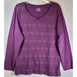 Cabela's XL Reg Pullover Sweater Top Purple Crochet‎ Layered Long Sleeve